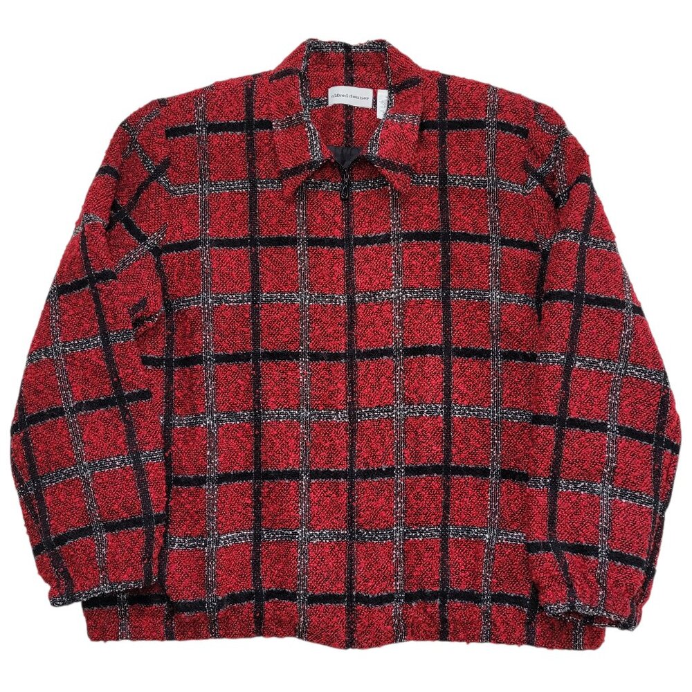 Alfred Dunner Plaid Jacket Vintage Zip Fuzzy Red Black 18 Cottagecore Preppy
